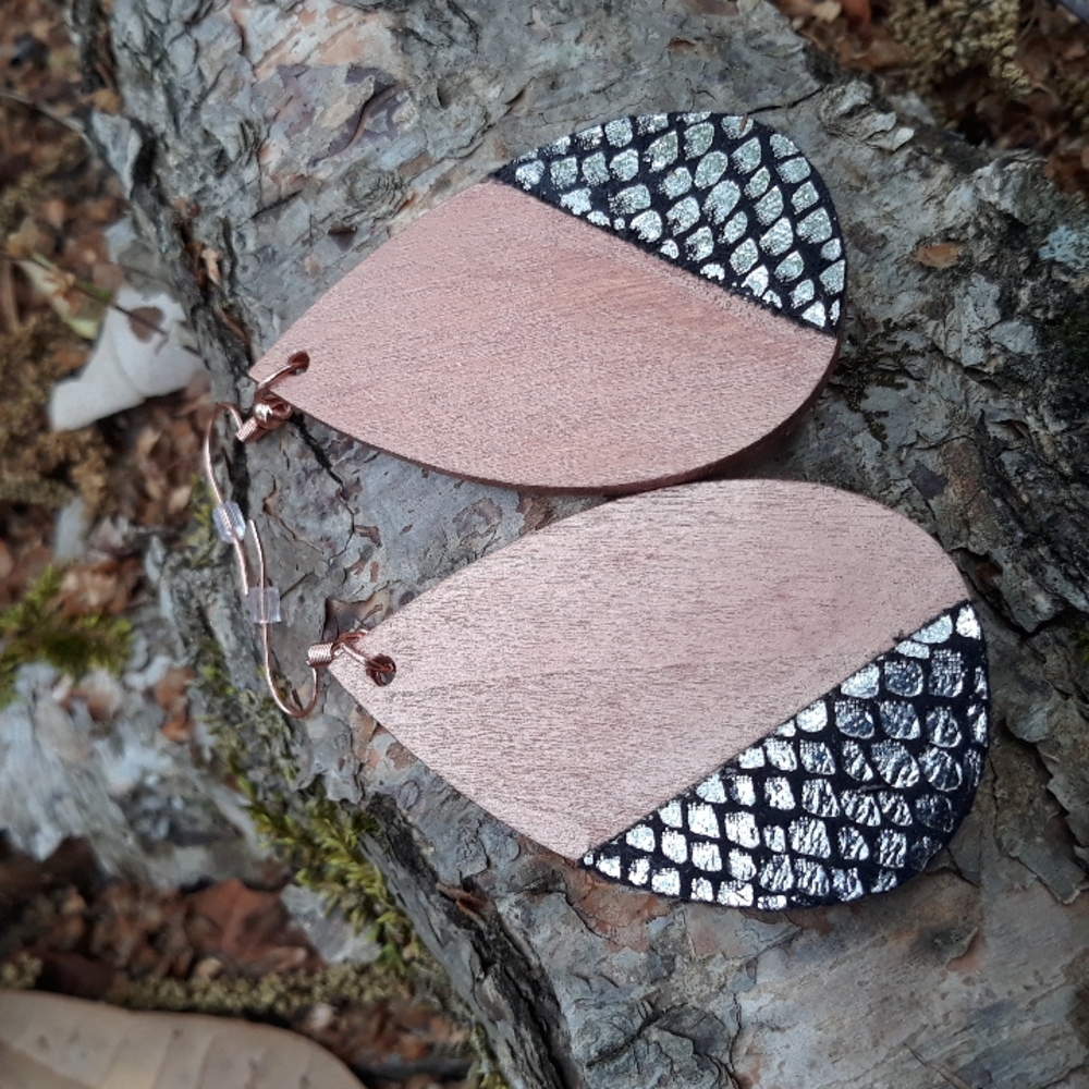 Wood/ Teardrop Statement Earrings w/ Exotic Print Faux Leather Detail - Picture 2 of 8